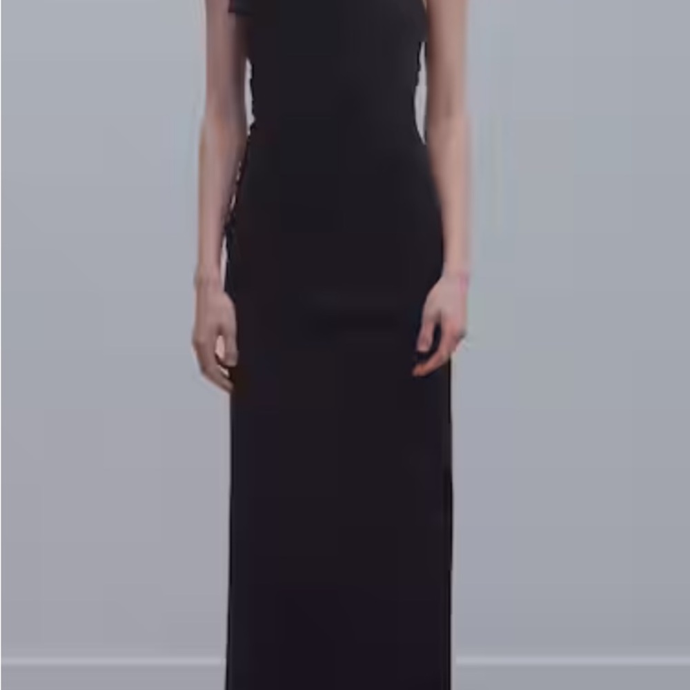 Blk maxi dress Asymmetrical halter Crepe material slight stretch ruched in front